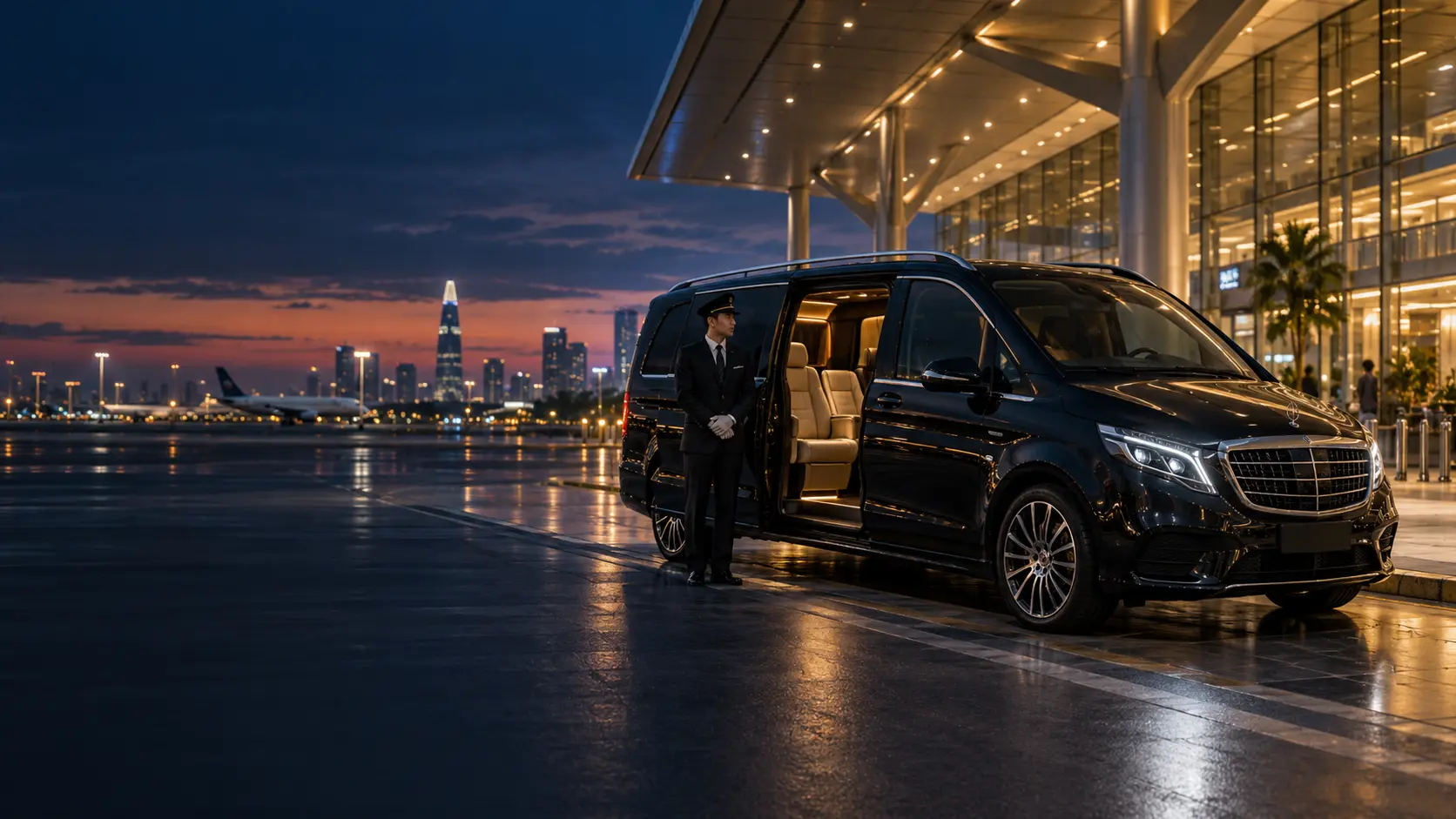 Xe limousine cao cấp đón khách tại nhà ga sân bay vào buổi tối